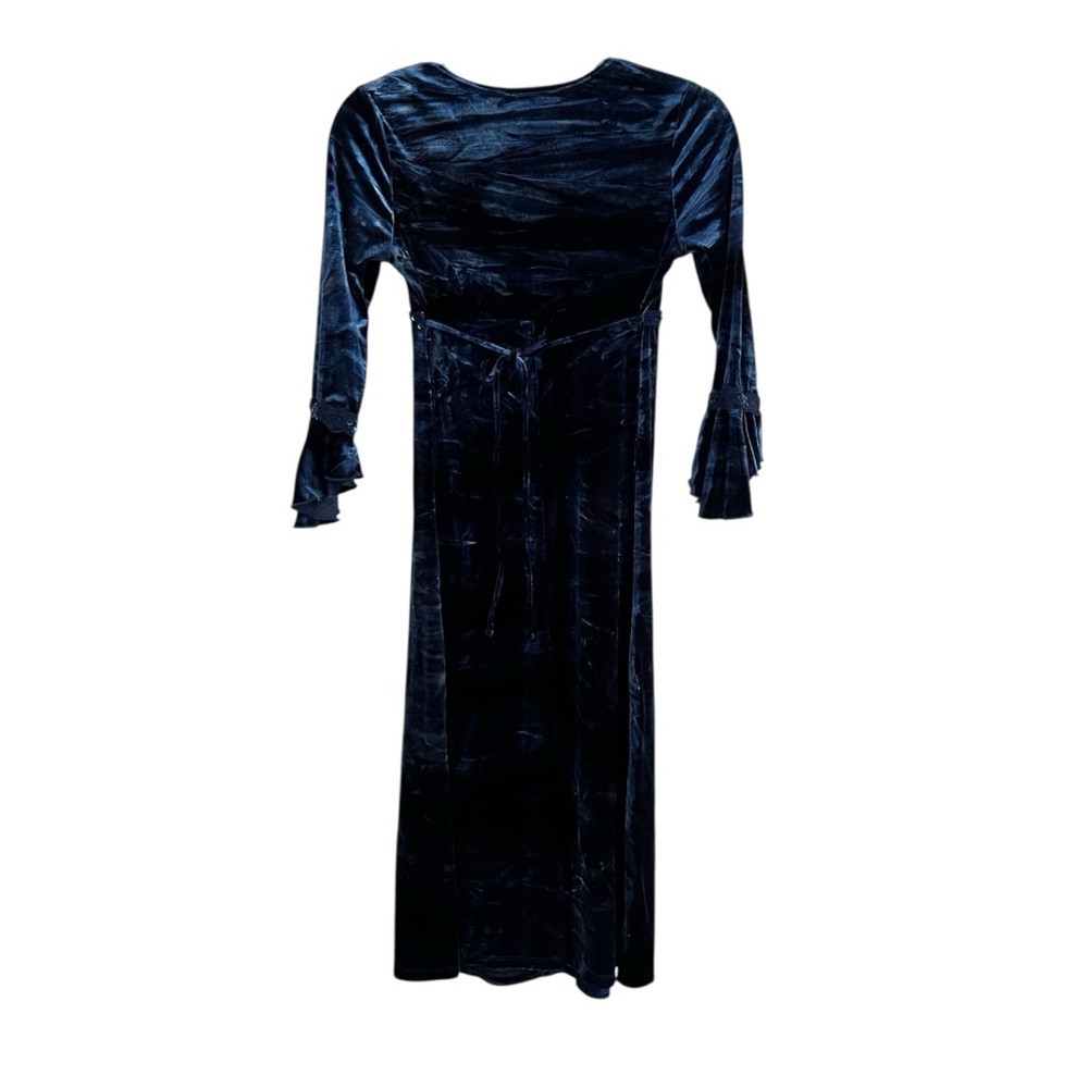 Y2K Whimsy Goth Navy Blue Velvet Maxi Dress Bell Sleeve Girls Size 14 Witchy - Picture 2 of 10